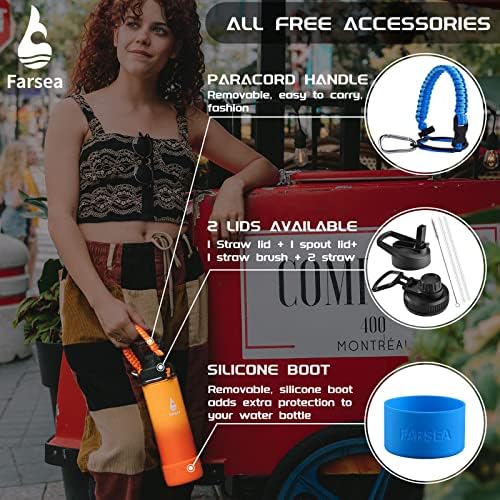 Farsea Insulated Water Bottle With Paracord Handle, Protective Silicone Boot and 2 Lids (Straw Lid & Spout Lid), Stainless Steel Water Bottle Wide Mouth, Double Wall Sweat-Proof BPA-Free, 24 oz