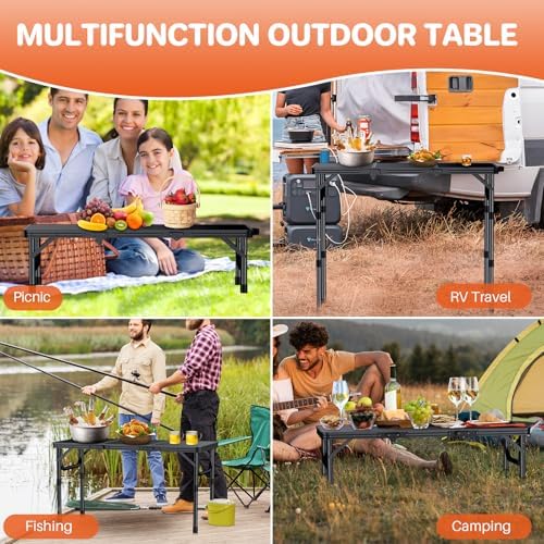 FUNYKICH 3ft Camping Folding Table with 3 Adjustable Height, Portable Picnic Tables, 34.2'' Lx15.7'' W Lightweight Aluminum Outdoor Table with Carry Handle for Camping, Picnic, Backyard, BBQ, Black