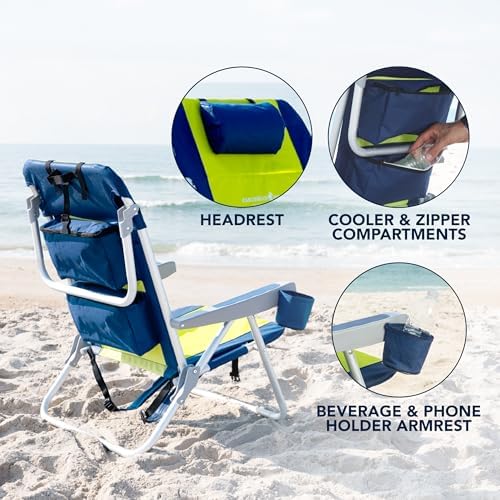 CARIBBEAN JOE Folding Beach Chair, 5 Position Portable Backpack Foldable Camping Chair with Headrest, Cup Holder, and Armrests, Navy/Green