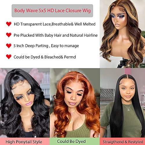BELIANA 5x5 HD Lace Closure Wigs Human Hair Pre Plucked 5X5 Body Wave Lace Front Wigs Human Hair 180% Density Brazilian Virgin Human Hair Wigs for Black Women Natural Color (Body Wave Wig, 18 Inch)