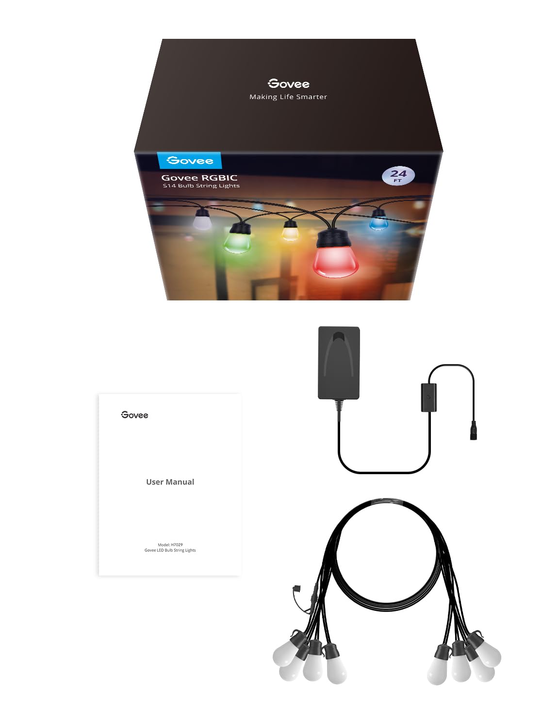 Govee Smart Outdoor String Lights H7029, 24ft RGBIC Outdoor Lights with 8 Dimmable LED Bulbs, IP65 Waterproof, Color Changing Warm White Lights with 47 Scene Modes for Patio, Backyard, App Control