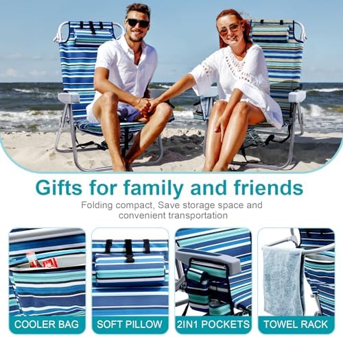 Beach Chairs for Adults Heavy Duty, Compact Portable Lay Flat Folding Chair with Backpack Straps and Large Cooler Pouch, Support to 350LBS (Stripes_Blue&Cyan)