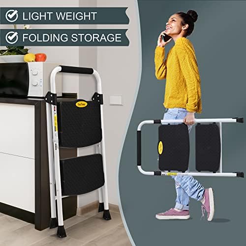 SocTone 2 Step Ladder, Folding Step Stool for Adults with Handle, Lightweight, Perfect for Kitchen& Household, 500lbs Capacity Sturdy Steel Ladder, White
