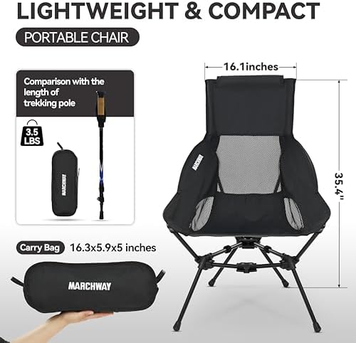 MARCHWAY Lightweight Folding High Back Camping Chair with Head Support, Stable Portable Compact for Outdoor Camp, Travel, Beach, Picnic, Festival, Hiking, Backpacking (Highback Black)