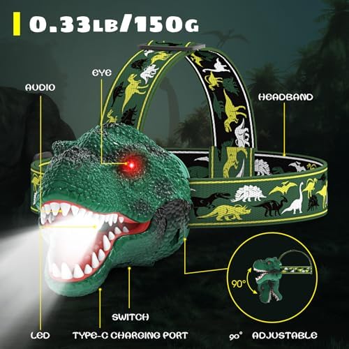 Dysaim Kids Headlamp,Rechargeable T-Rex Dinosaur Headlamp for Kids and LED Head Lamp Camping Gear Flashlight,Hiking Accessories Headlight Toys,Four Light Modes Suitable for Reading/Party Gift