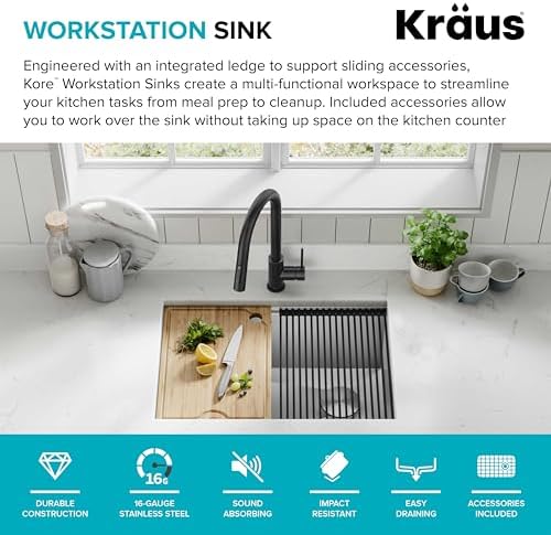 KRAUS Kore Workstation 27-inch Undermount 16 Gauge Stainless Steel Kitchen Sink, Single Bowl Kitchen Sink with Accessories, KWU110-27