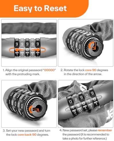 Sportneer Bike Lock: 5 Digit Combination High Security Anti Theft Bike Chain Lock - 3.2/3.6/4ft Heavy Duty Keyless Bicycle Lock for Bike, Motorcycle, Scooter, Door & Gate - 4/6mm Thick, Easy to Use