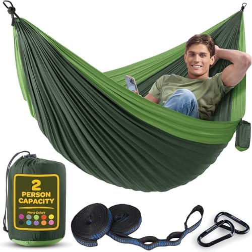Durable Hammock 500 lb Capacity, Nylon Camping Hammock Chair - Double or Single Sizes w/Tree Straps and Attached Carry Bag - for Travel/Backpacking/Beach/Backyard (Large, Forest Green & Lima Green)