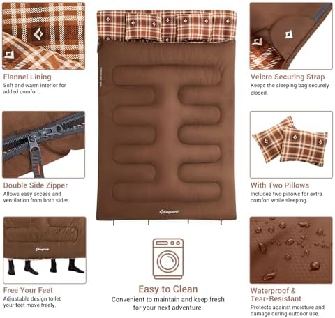 KingCamp Double Sleeping Bag for Adults, Queen Size 2 Person XXL Flannel Sleeping Bag, Waterproof Lightweight Flannel Quilt with 2 Pillows, Perfect for Couples Family Camping Hiking