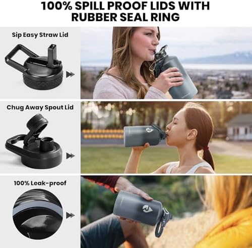 One Gallon Water Bottle Insulated, Triple Walled Vacuum Stainless Steel (Cold for 48 Hrs), Leak Proof & Non-BPA, Large Water Flask Jug with Paracord Handle & Straw Spout Lids