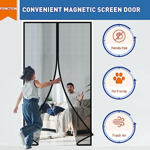 MAGZO Magnetic Screen Door Fit Door Size 72 x 82 Inch, Screen Size 74" x 83" Strong Magnet French Style Mesh, Heavy Duty Fiberglass Mesh with Hook & Loop for Sliding Entrance, Gray