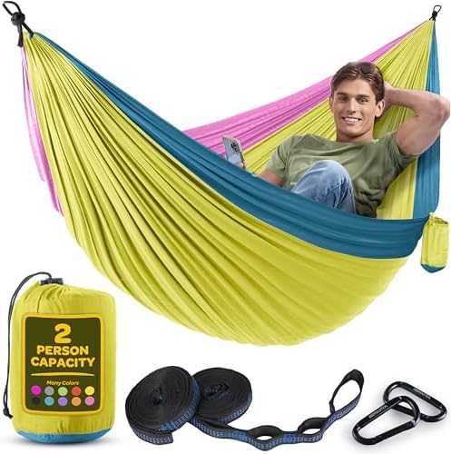 Durable Hammock 500 lb Capacity, Nylon Camping Hammock Chair - Double or Single Sizes w/Tree Straps and Attached Carry Bag - Portable for Travel/Backpacking/Beach/Backyard (Large, Yellow & Blue)