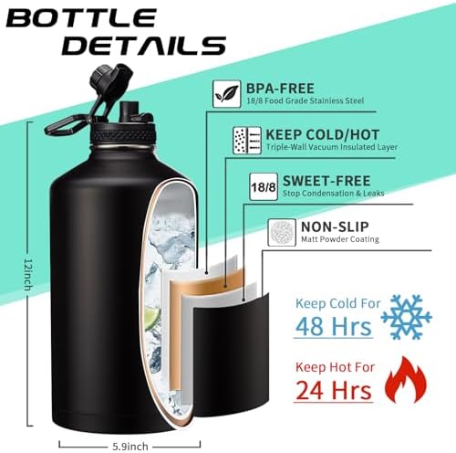 128OZ Insulated Water-Bottles with Strap - 1 Gallon Large Water Jug with Straw & Spout Lid, Stainless Steel Water Bottle Leak Proof, Cold-48h Hot-24h Metal Water Flask w/Paracord Handle, Carrier Bag
