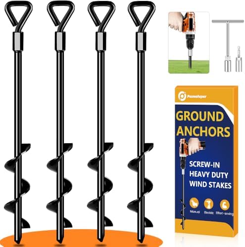 Ground Anchors Screw in Tent Stakes Heavy Duty Trampoline Stakes High Winds, Ground Anchors for Camping Tent, Canopies, Carports, Sheds, Swing Sets, Canopy Stakes Kit, Mobile Home Anchors 4 Pack