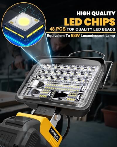 Cordless for Dewalt 20V Max LED Work Light, LIVOWALNY 78W 7800LM 5" 20V Battery Flashlights with USB & Type-C & Low Voltage Protection & 140° Pivoting Head for Emergency, Outdoors and Job Site Light