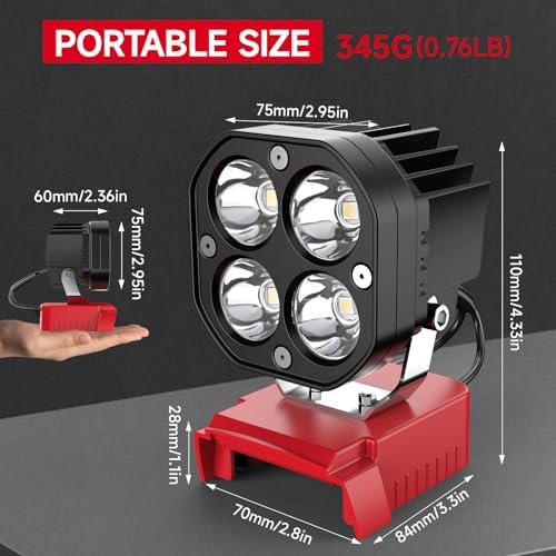 2 Packs LED Work Light Compatible with Milwaukee 18V Battery, 40W 6000LM Flashlight,18V Battery Cordless Work Light 120°Adjustable with Low Voltage Protection for Outdoors Job Site Lighting