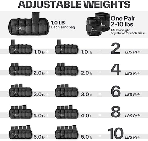 Sportneer Adjustable Ankle Weights 1 Pair 2 4 6 8 10 Lbs Leg Weight Straps for Women Men, Weighted Ankle Weights Set for Gym,Fitness, Workout,Walking, Jogging,1-5 lbs Each Ankle, 1 Pair 2-10 lbs