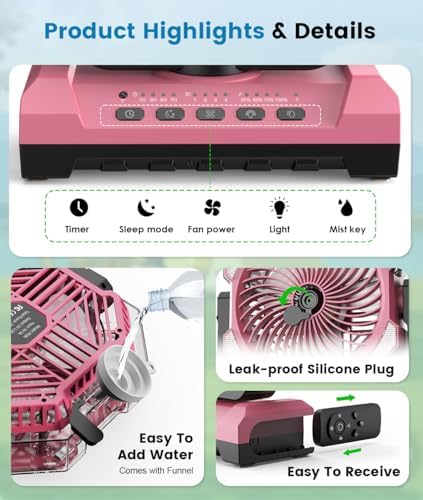 Misting Fan - Pink Portable Rechargeable Fan with 9oz Water Tank, Light, Hook - Versatile, 120H MAX Cooling, Last 5H Mist, 4 Speed, Sleep Mode - Outdoor Fans for Camping, Travel, Patios