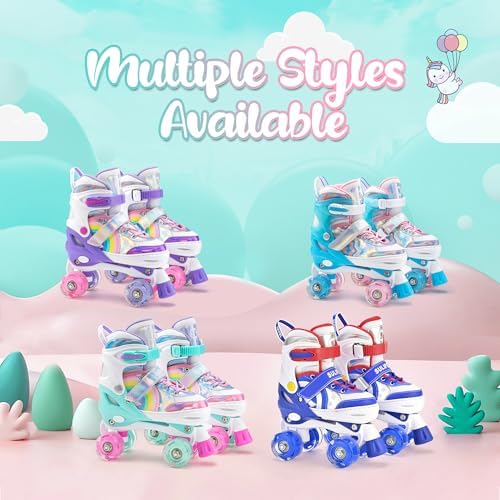 SULIFEEL Rainbow Unicorn 4 Size Adjustable Light up Roller Skates for Girls Boys for Kids