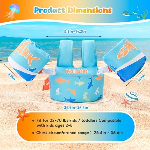 NEMONE Toddler Swim Vest for 22-70 lbs Kids Floaties Swim Jacket with Arm Water Wings for Girls Boys 2 3 4 5 6 7 Years Old Sea Beach Pool