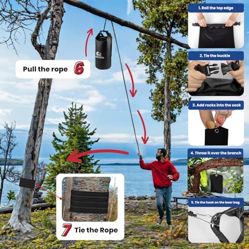 Bear Bag Hanging Kit - 10L Waterproof Bear Proof Food Storage Bag, 2 Straps, Rock Sack & 2 Ropes with 4 Safety Clips for Hiking, Kayaking, Camping, Outdoor Adventures