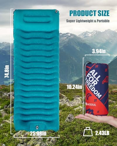 AKSOUL Sleeping Pad Ultra-Thick - Inflatable Sleep Mat, Lightweight & Compact 4.72 in Air Mattress with Pillow, Self-Inflating with Built-in Foot Pump for Traveling, Hiking, Camping (Blue)