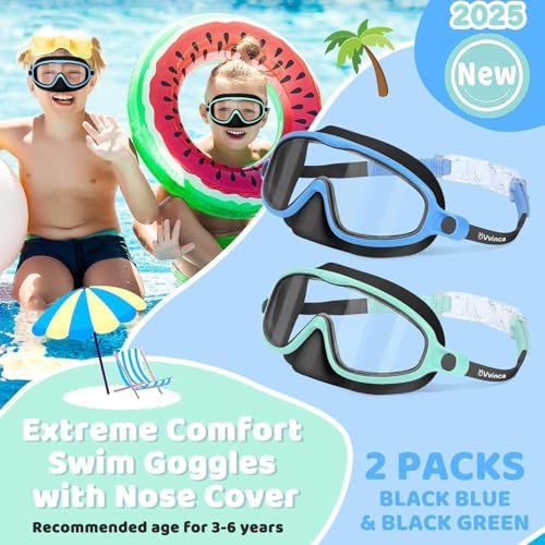 Vvinca 2 Pcs Kids-Swim-Goggles with Nose Cover, Swimming Diving Mask Wide View Anti Fog UV Anti Shattered Lens for Kids 3-6