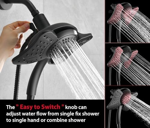 GRICH 2.5GPM Shower Heads with Handheld Spray Combo: High Pressure Rain Shower Heads with Built-in Power Wash, 9 Mode Adjustable Dual Rainfall Showerhead with Anti-Clog Nozzles and Hose, Black