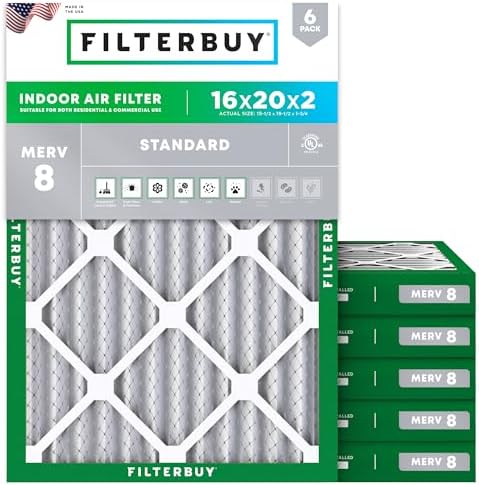 Filterbuy 16x20x2 Air Filter MERV 8 Dust Defense (6-Pack), Pleated HVAC AC Furnace Air Filters Replacement (Actual Size: 15.50 x 19.50 x 1.75 Inches)