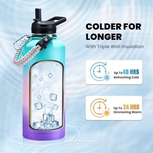 Insulated Water Bottle 87 oz, Triple Wall Vacuum Stainless Steel (Cold for 48 Hrs), Leak Proof & Non-BPA, Modern Water Flask Jug with Paracord Handle & Straw Spout Lids, Hydrangea