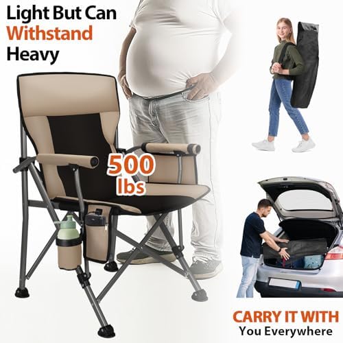 QUYUAN Heated Camping Chair with 20,000 mAh Battery, Fully Padded Heated Camp Chairs, Loog-Lasting for 500 Mins, Heavy Duty Folding Chairs Supports 500 lbs for Camping, Outdoor Sports, Picnics, Beach