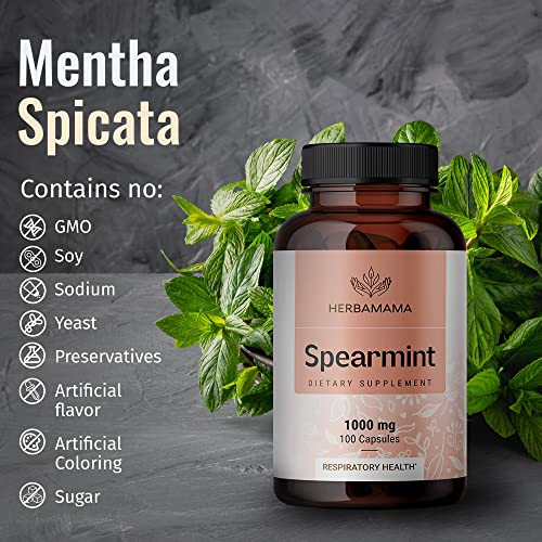 Spearmint 100 Capsules - 1000 mg - Organic Mentha Spicata Dietary Daily Supplement - Natural Support for Digestive & Respiratory Function - for Stress Relief - Vegan, Non-GMO