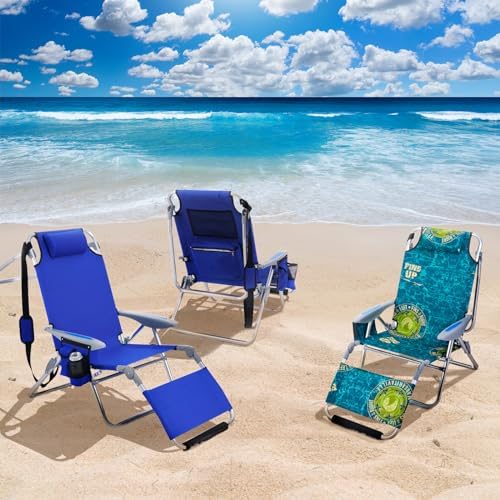 Portable Camping Beach Chair for Adults, Outdoor Lay Flat Beach Lounge Chair Folding Chairs with Footrest, Backpack Chair with Towel Bar, Cooler Pouch, Cup Holder, Geometric Green