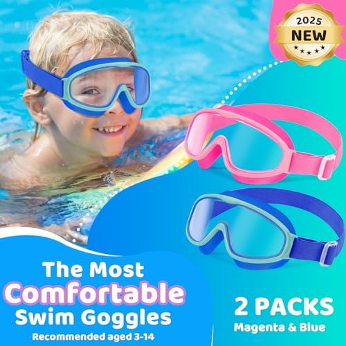 Vvinca Kids Goggles with Comfort Fabric Strap, Kids Swim Goggles Wide View Anti-Fog/UV No Leaking Swimming Goggles for 3-14