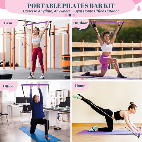 Pilates Bar Kit with Resistance Bands, Multifunctional Yoga Pilates Bar with Heavy-Duty Metal Adjustment Buckle, Portable Home Gym Pilates Resistance Bar Kit for Women Full Body Workouts