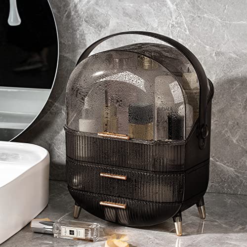 CANITORON Makeup Organizer,Large Capacity Skincare Organizer for Vanity,Cosmetic Organizer with 2 Drawers and Makeup Brush Holder for Bedroom Countertop and Bathroom Countertop Storage.(Gray)