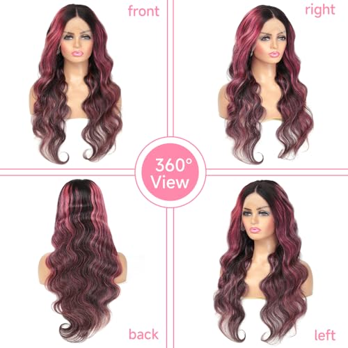 KeaBalo Ombre Lace Front Wig Human Hair Skunk Stripe Human Hair Wigs 13x4 Hd Lace Frontal Body Wave Highlight Pink Human Hair Wig Pink and Black Colored Wigs Human Hair 180% Density 22 Inch
