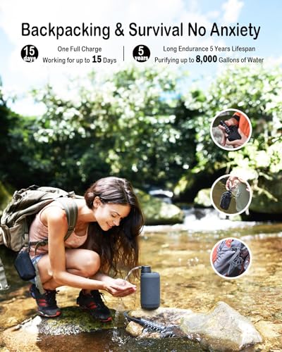 Electric Portable Water Filter - 0.01 Micron 5-Stage Water Purifier Survival with Emergency Lighting Water Purification System for Camping Backpacking Hiking Travel - BK-2000
