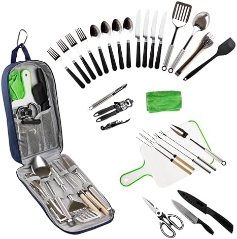 30 Pcs Camp Cooking Utensil Set & Outdoor Kitchen Gear Cookware Kit, Portable Compact Carry Case for Camping, Hiking, Travel, BBQ Grilling Stainless Steel Accessories Spoon & Fork, Navy