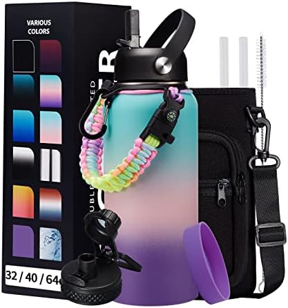Insulated Stainless Steel Water Bottle - 32/40/64/128 oz Water Bottles with Straw & Spout Lids, Paracord Handle and Carrier Pouch, Workout Water Flask Bottle for Women Men Sport Activities