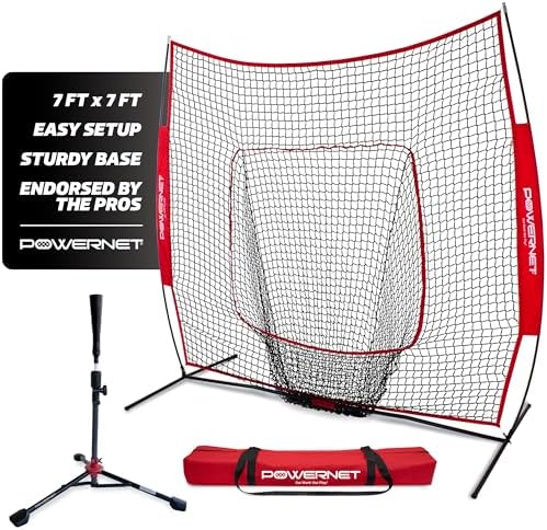PowerNet Baseball Softball Practice Net 7x7 with Baseball Accessories for Practice Pitching, Batting & Fielding, Ball Caddy, Weighted Baseballs, Tee