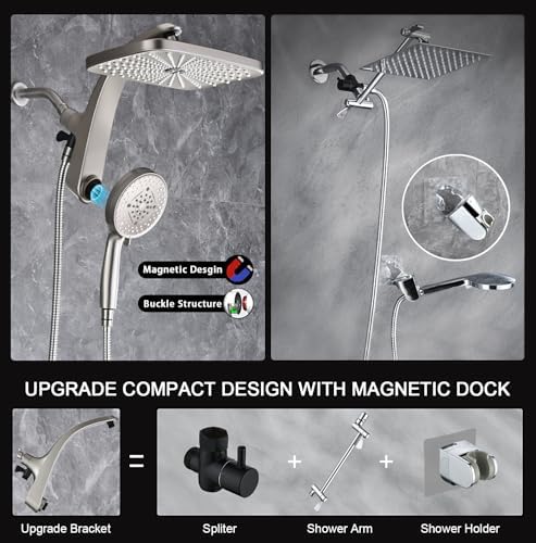 High Pressure Rain Shower Head: Upgrade Shower Heads with Handheld Spray Combo with Fixed Showerhead and 10 Sprays Handheld Shower Head, Detachable Showerheads Built-in Magnetic Docking and Power Jets
