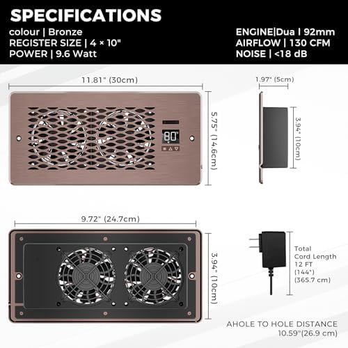 Built-in Register Booster Fan with Cover for Air Heat Vent with Fan,Fits 4"x10" Duct/Ceiling/Floor Vents, Improves AC & Heating/Cooling,Quiet 10-Speed Household/Bedroom Ventilation,smart,Bronze
