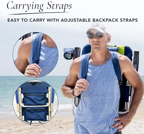 CARIBBEAN JOE Folding Beach Chair, 5 Position Portable Backpack Foldable Camping Chair with Headrest, Cup Holder, and Armrests, Navy/Green