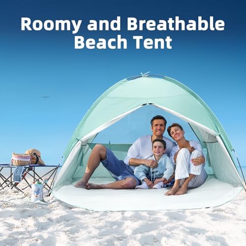 Beach Tent for 3-4 Person, Large Easy Setup Beach Shade Canopy with UPF 50+ UV Protection, Portable Shade Tent with 3 Ventilating Mesh Windows for Outdoor, Picnics, Fishing