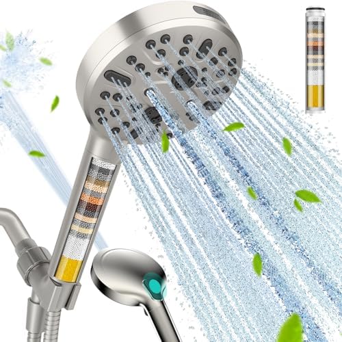 Cobbe Handheld Shower Head with Filter, High Pressure 9 Spray Mode Showerhead Built-in Power Wash with Hose, Bracket and Water Softener for Hard Water Remove Chlorine, Brushed Nickel