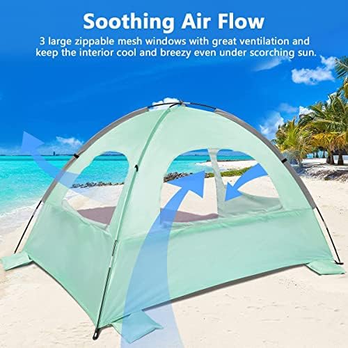 NXONE Beach Tent Sun Shade Shelter for 2-3 Person with UV Protection, Extended Floor, 3 Mesh Roll Up Windows & 8.0mm Fiberglass Rods丨Carry Bag Included (Mint Green)