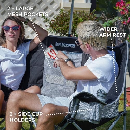 FUNDANGO Oversized Double Camping Chair, 660lbs Heavy Duty 2 Person Folding Padded Loveseat for Adults with Arm Cup Holder for Outdoor Patio Lawn Camp with Carry Bag (Black/Grey)