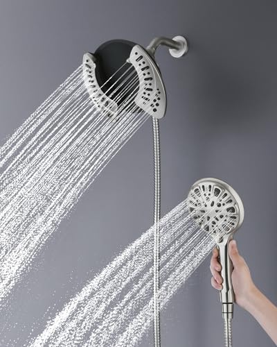 2-in-1 Shower Head With Handheld Combo: 2.5GPM Rainfall & Detachable Use Together or Alone, 9 Spray Settings Hand Held With Hose, Nickel