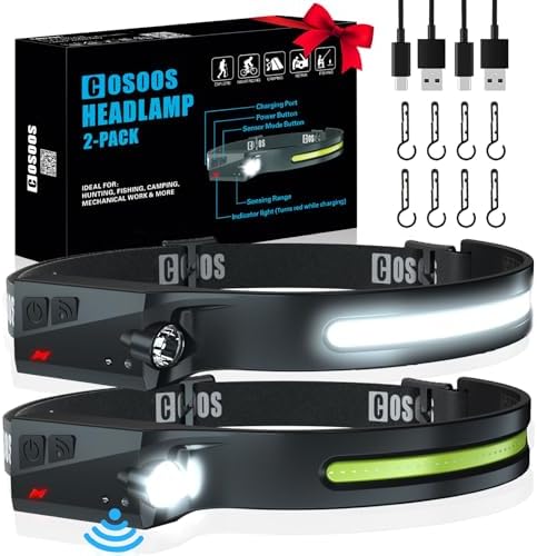 COSOOS Original 2 Rechargeable Headlamps, Bright LED Headlamp Flashlight 1000 Lumen, 230 ° Wide Beam & Spot Light, Motion Sensor, 2.4 oz Head Lamp with Clips for Hardhat, Camping, Hiking